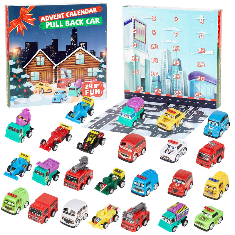 Christmas Advent Calendar 2022 Christmas 24 Days Christmas Countdown Calendar with 24 Different Vehicles Pull Back Cars for Kids Christmas Gift for Boys Racing Cars Construction Vehicles Fire Truck