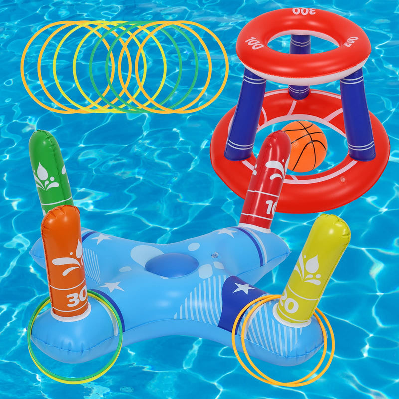 Pool Toys Games Set, Floating Basketball Hoop Inflatable Cross Ring Toss, Fun Summer Water Games Pool Accessories Party Games for Kids Adults Family