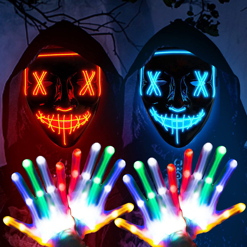 2 Pack Halloween Purge Masks Led Light Up Masks and Gloves Set for Halloween, Festival Cosplay (Multi1)