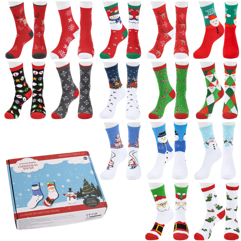 15 Pairs Crew Christmas Holiday Socks£¬Cozy Funny Cotton Knit Xmas Soft Socks,Colorful Festive Design for Man Woman Girls Winter Novelty Christmas Gifts with Gift Box