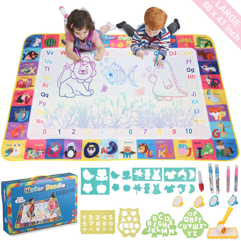 Water Doodle Mat for Toddlers, 60 X 43 Inches Extra Large Painting Writing Doodle Board with 5 Magic Pens No Mess Coloring Educational Painting Toys for Boys Girls 3 4 5 6 Year Old