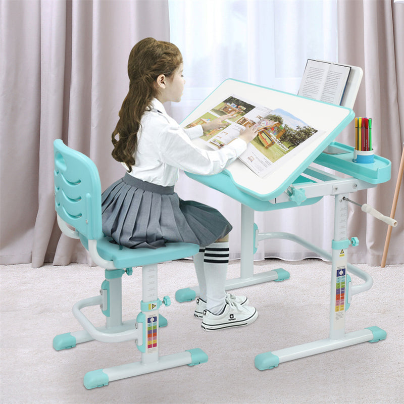 AMYOVE Kids Desk Chair Set 80cm Hand-operated Lifting Table Top Blue Green