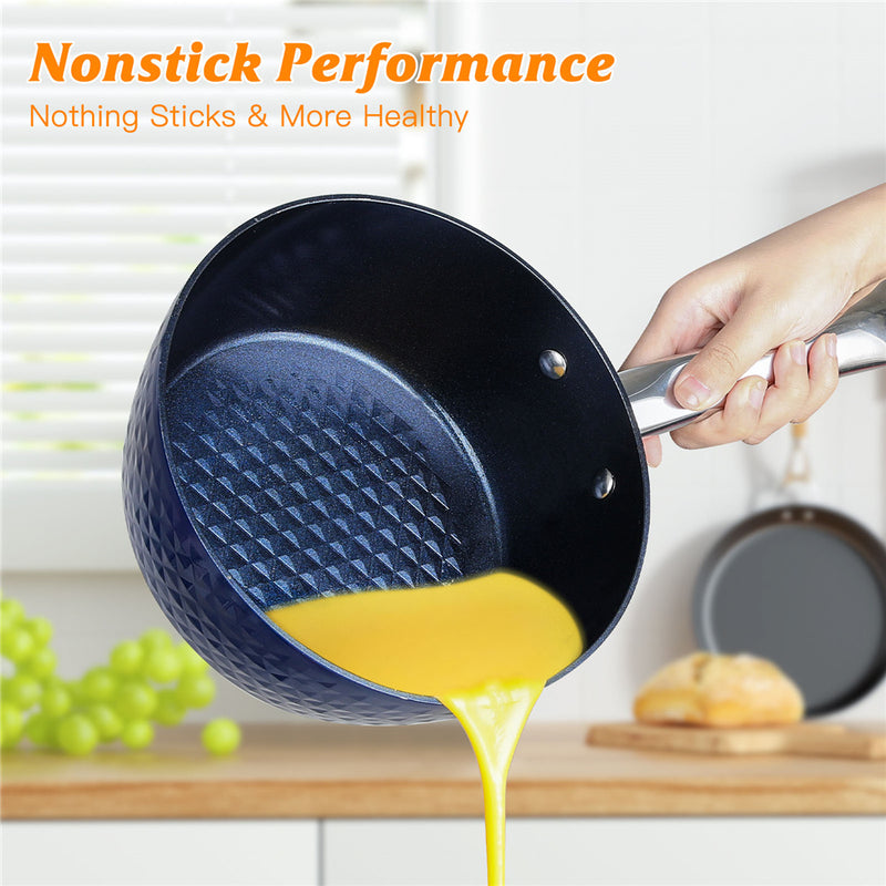 DISHYKOOKER 18cm/ 1.5L Milk Pan with Lid Stainless Steel Handle Blue
