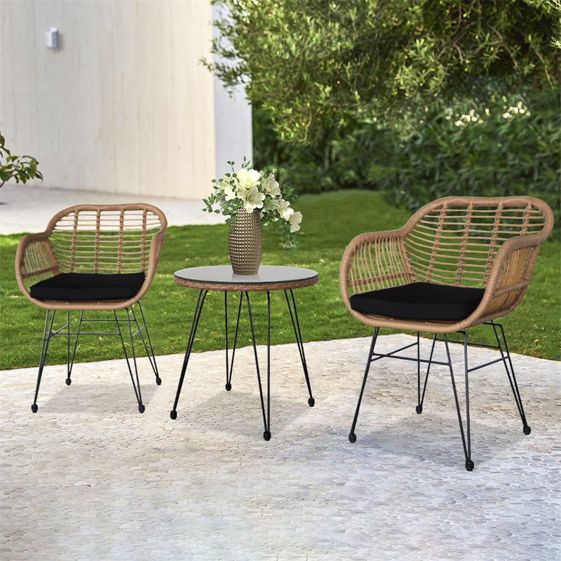 AMYOVE 3pcs Tempered Glass Table Chair Three-Piece Set Handwoven Wicker Rattan