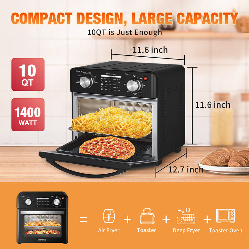 GEEK CHEF 1400W Air Fryer 10QT Large Capacity Oil-Free Stainless Steel 4 Slice Countertop Toaster Oven