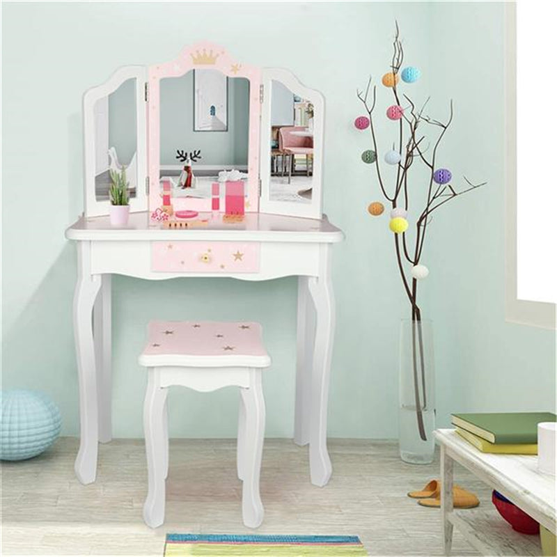 AMYOVE Children Dressing Table Set with Three-sided Folding Mirror Single Drawer Chair Pink