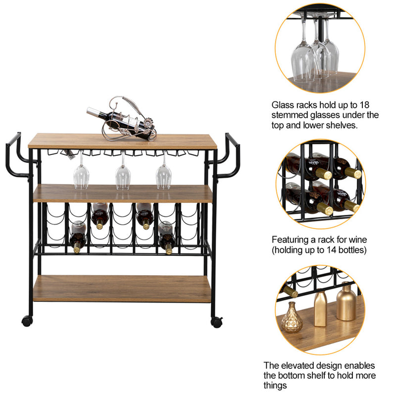 ALICIAN 3-tier Wine Rack Cart Kitchen Rolling Storage Bar Wood Table Serving Trolley Black