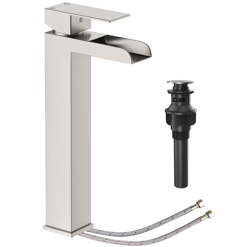GARVEE Brushed Nickel Waterfull Tall Bathroom Sink Faucet for 1 Holes with Pop Up Drain Stopper & Water Supply Hoses No-Lead