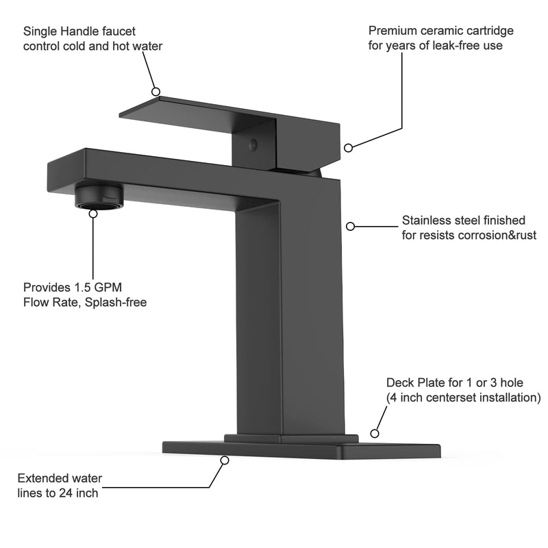 GARVEE Matte Black Bathroom Sink Faucet for 1 or 3 Hole Pop Up Drain Stopper & Water Supply Hoses No-Lead