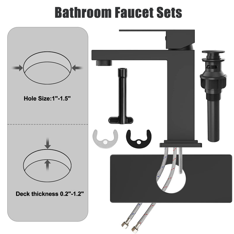 GARVEE Matte Black Bathroom Sink Faucet for 1 or 3 Hole Pop Up Drain Stopper & Water Supply Hoses No-Lead