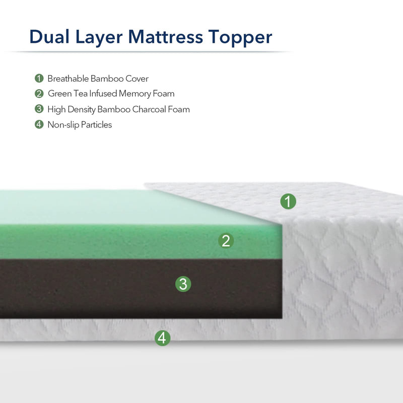 HOMHOUGO Mattress Topper Full 4 Inch Dual Layer Memory Foam Mattress Topper with Bamboo Cover