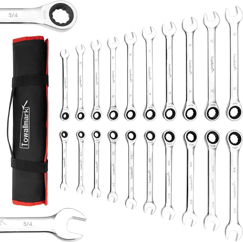 TOWALLMARK 20-Piece SAE Metric Ratcheting Combination Wrench Set Ratchet Wrenches Set