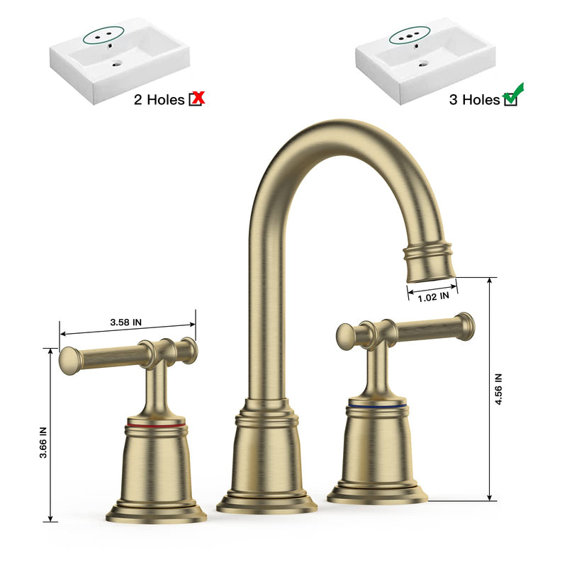 GARVEE Classical Bathroom faucets for Sink 3 Holes 8 inch Bathroom Faucet Widespread Brushed Gold Bathroom Faucet
