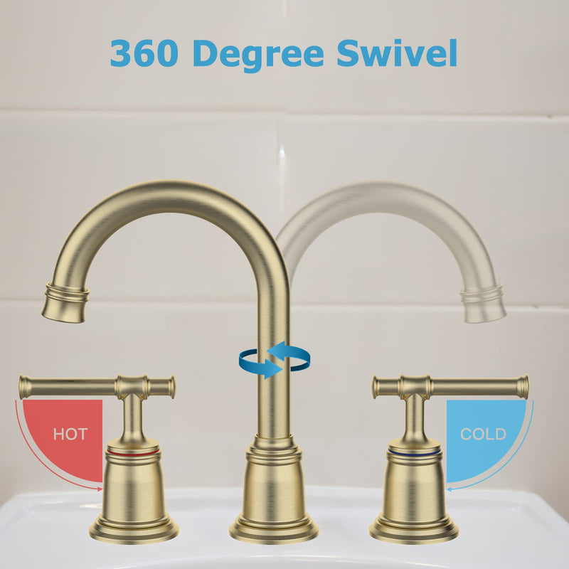 GARVEE Classical Bathroom faucets for Sink 3 Holes 8 inch Bathroom Faucet Widespread Brushed Gold Bathroom Faucet
