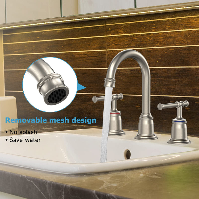 GARVEE Classical Bathroom faucets for Sink 3 Holes 8 inch Bathroom Faucet Widespread Brushed Nickel Bathroom Faucet