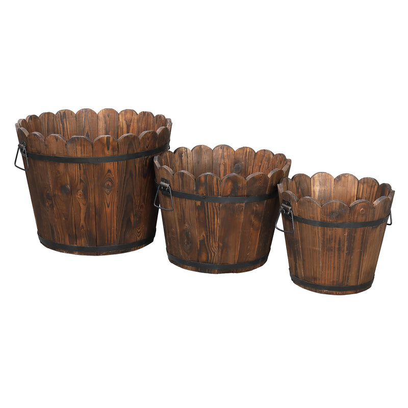 RONSHIN 3PCS Planting Pots Retro Style Outdoor Reinforced Flower-Shaped Wooden Barrels