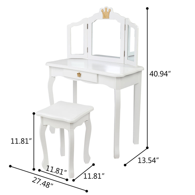 AMYOVE Children Dressing Table 3-sided Foldable Mirror Dressing Table + Chair White