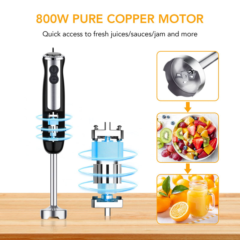 Multi-use immersion Blender, Hand Blender with Powerful Copper Motor 800W,  High Speed, Turbo Mode, 3 in 1 Handheld Blender Stick Stainless Steel