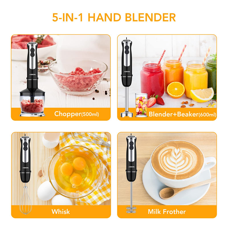 5 in 1 Handheld Immersion Blender, Anti-Splash Stick Blender with A Milk Frother, Egg Whisk, Food Grinder, and Blending Container, Hand Held Blender