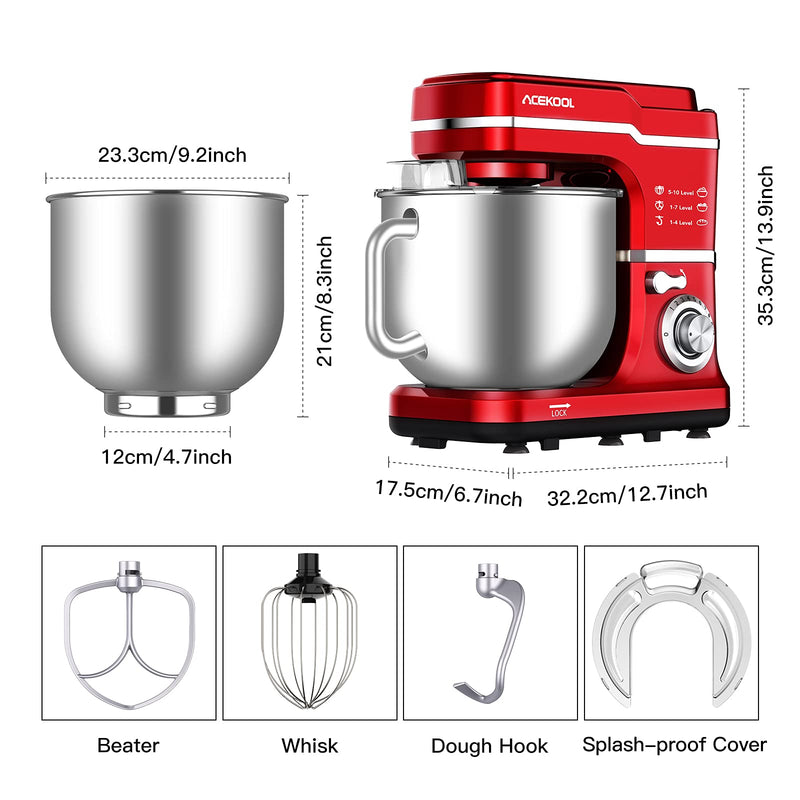 ACEKOOL Mixer MC1 1400W 7.5QT 10 Speeds Tilt-Head Stand Mixer Red EU Plug