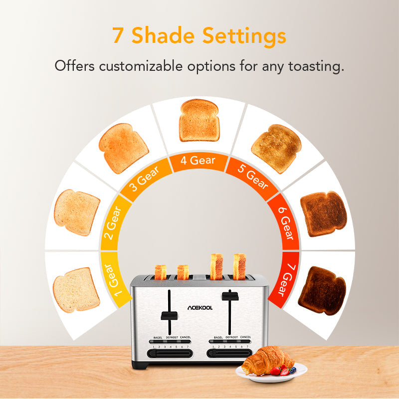 ACEKOOL Toaster TA1 Stainless Steel 4-Slice 7 Shades Toaster UK Plug