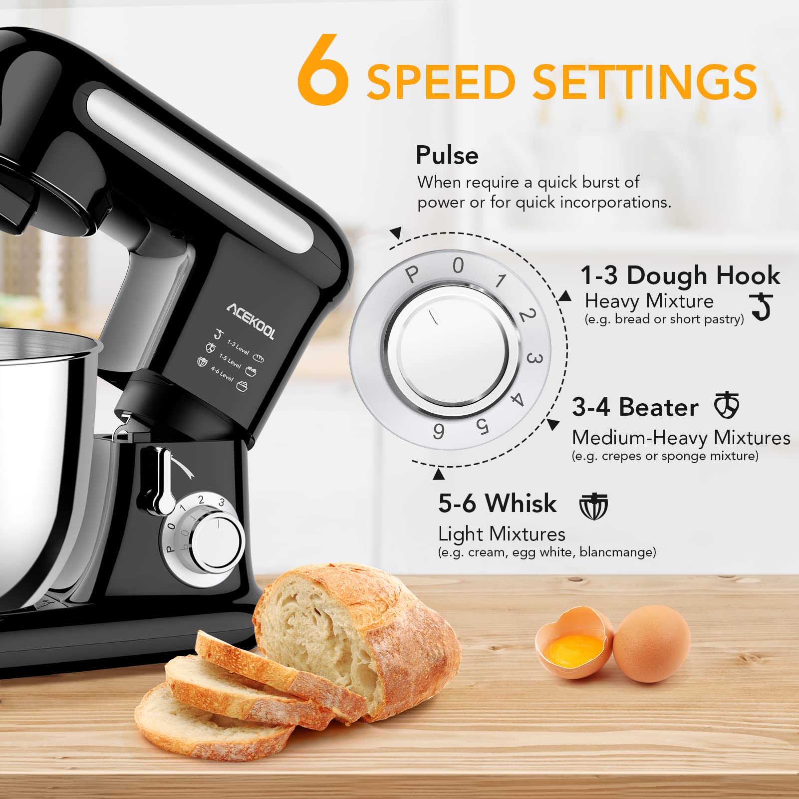 ACEKOOL Stand Mixer MC3 4QT 6 Speeds Tilt-Head Small Food Mixers US Plug