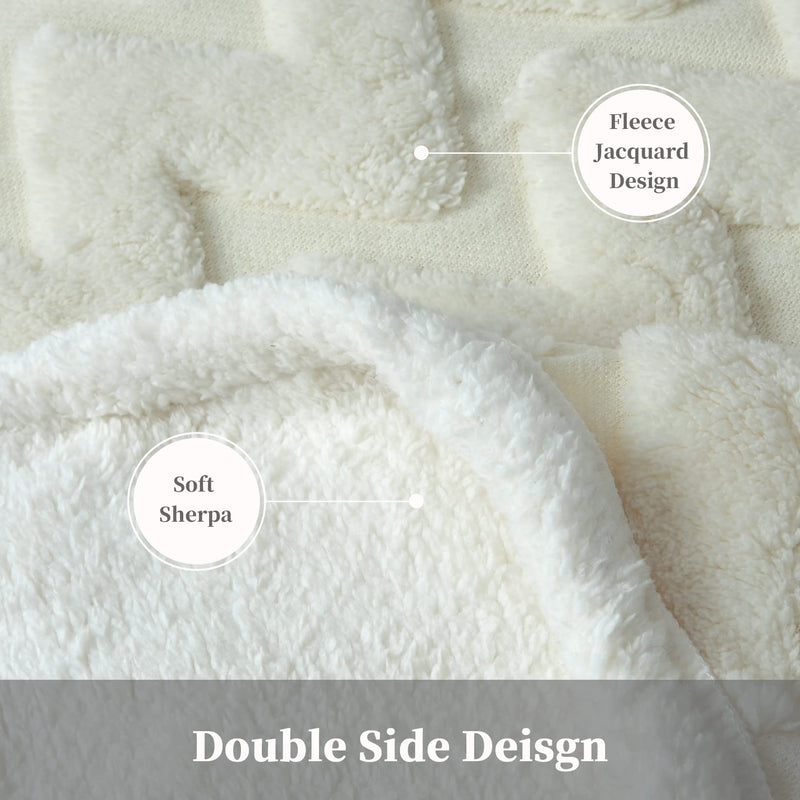 CAROMIO Sherpa Fleece Soft Plush Jacquard Fluffy Throw Blanket Creamy White 50" x 60"