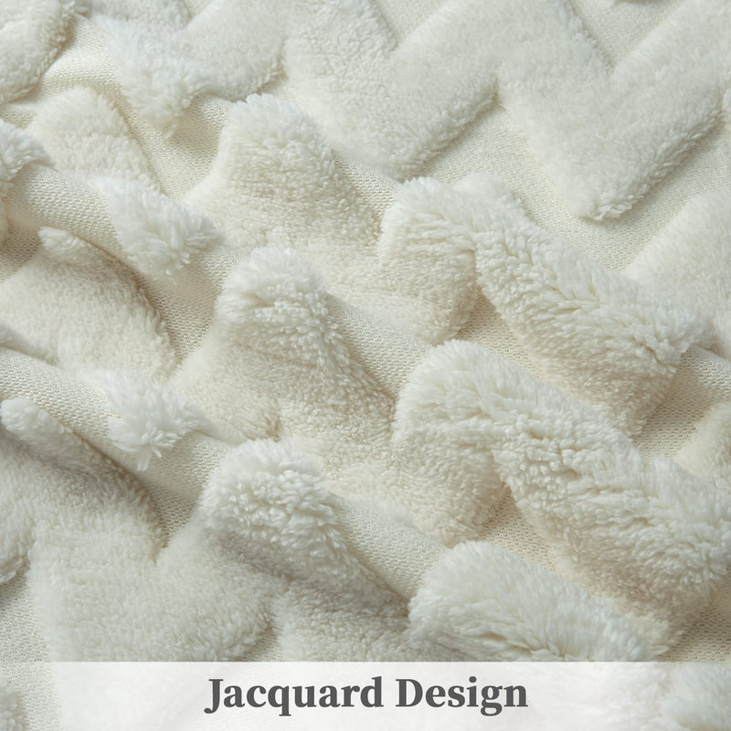 CAROMIO Sherpa Fleece Soft Plush Jacquard Fluffy Throw Blanket Creamy White 50" x 60"