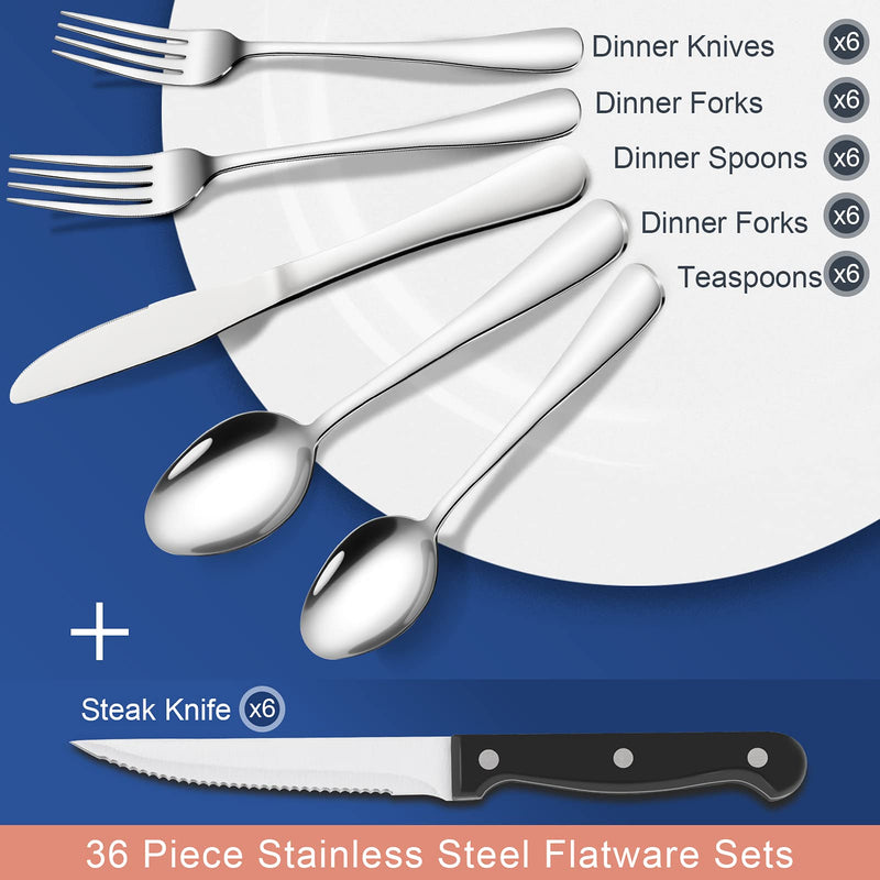 CIBEAT 36 Piece S592 Stainless Steel Silverware Set with Steak Knives