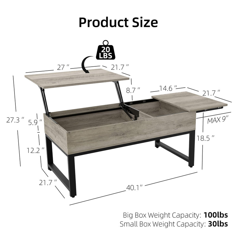 IDEALHOUSE Lift Top Coffee Table with Hidden Storage - Grey