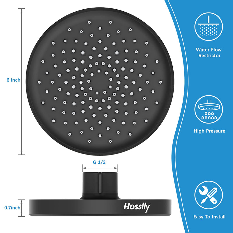 HOSSLLY Rainfall Shower Head High Pressure 360° Adjustable - Matte Black