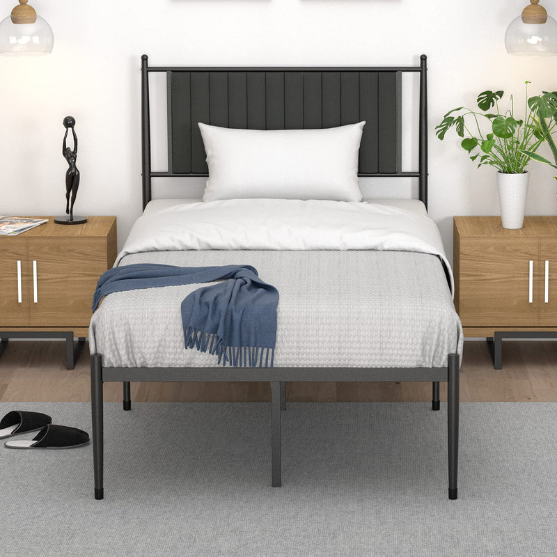 IDEALHOUSE Twin Size Metal Platform Bed Frame with Upholstered Headboard